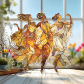 Three Dancing Goddesses Acrylic Suncatcher, Elegant Women Art Nouveau Window Hanging, Golden Flowing Dress Acrylic Home Decor Gift